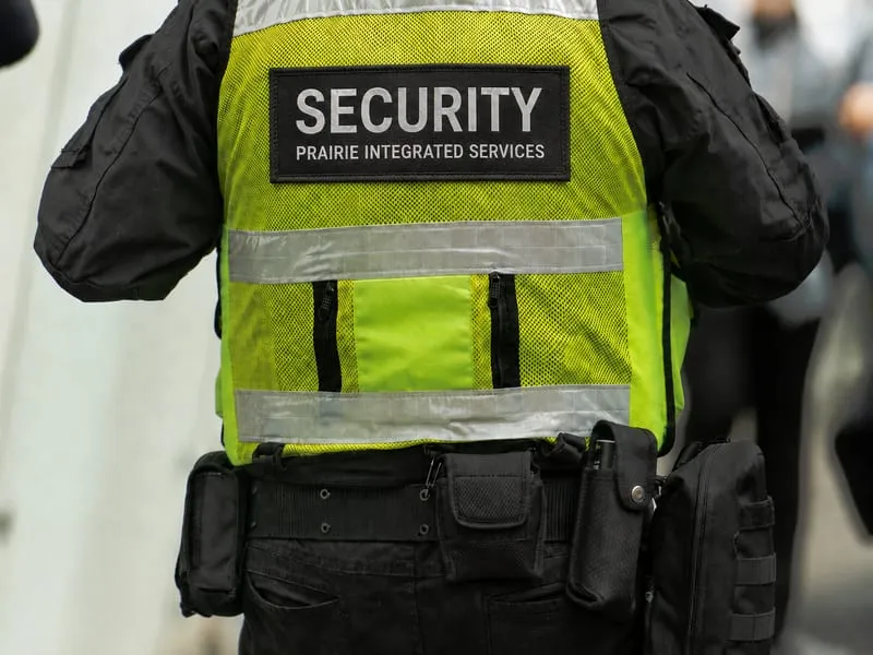 A Prairie Protection Services officer in a high-visibility vest marked SECURITY.